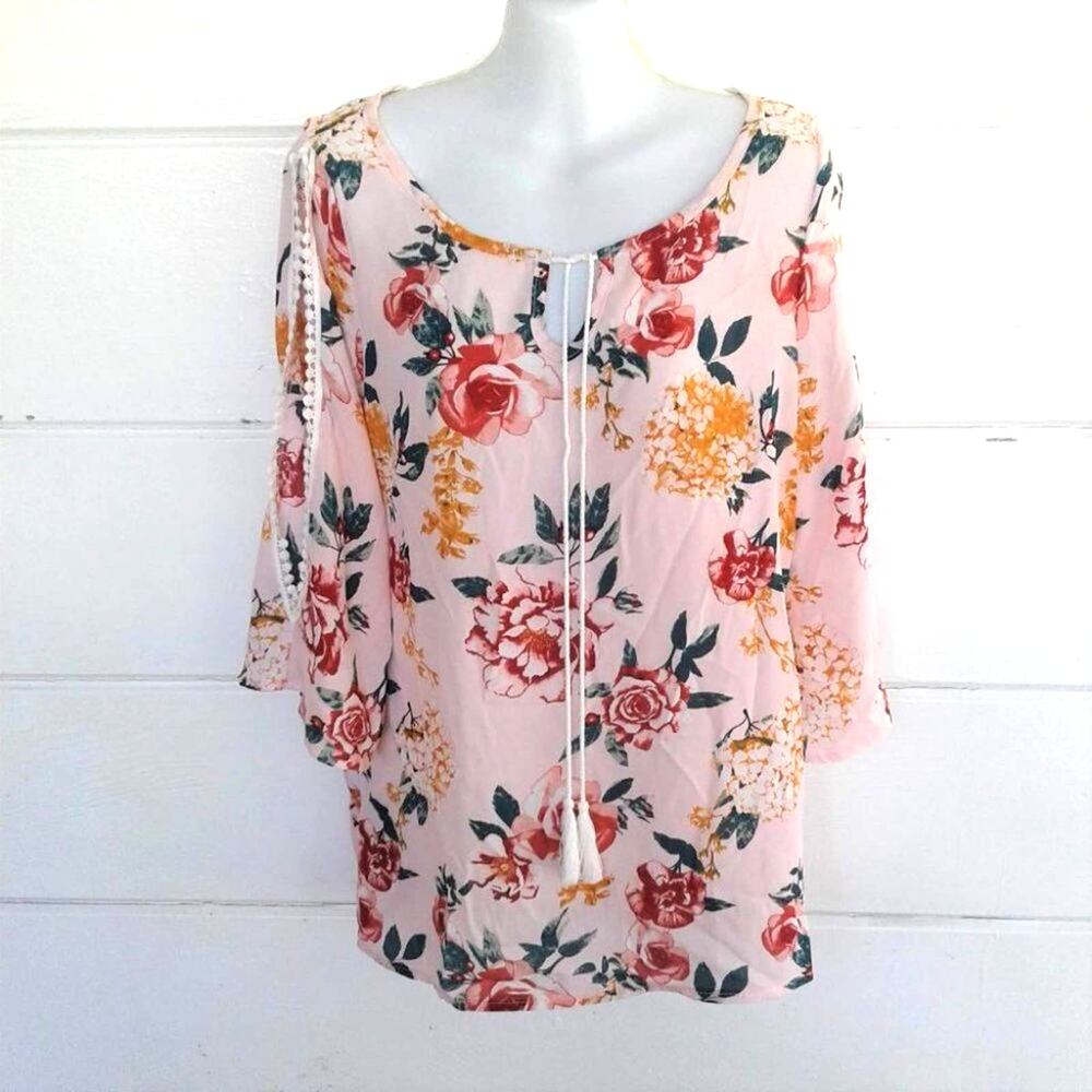 Piphany Women's Pink Floral Tunic Top Lightweight ¾ Sleeves Casual Size Small